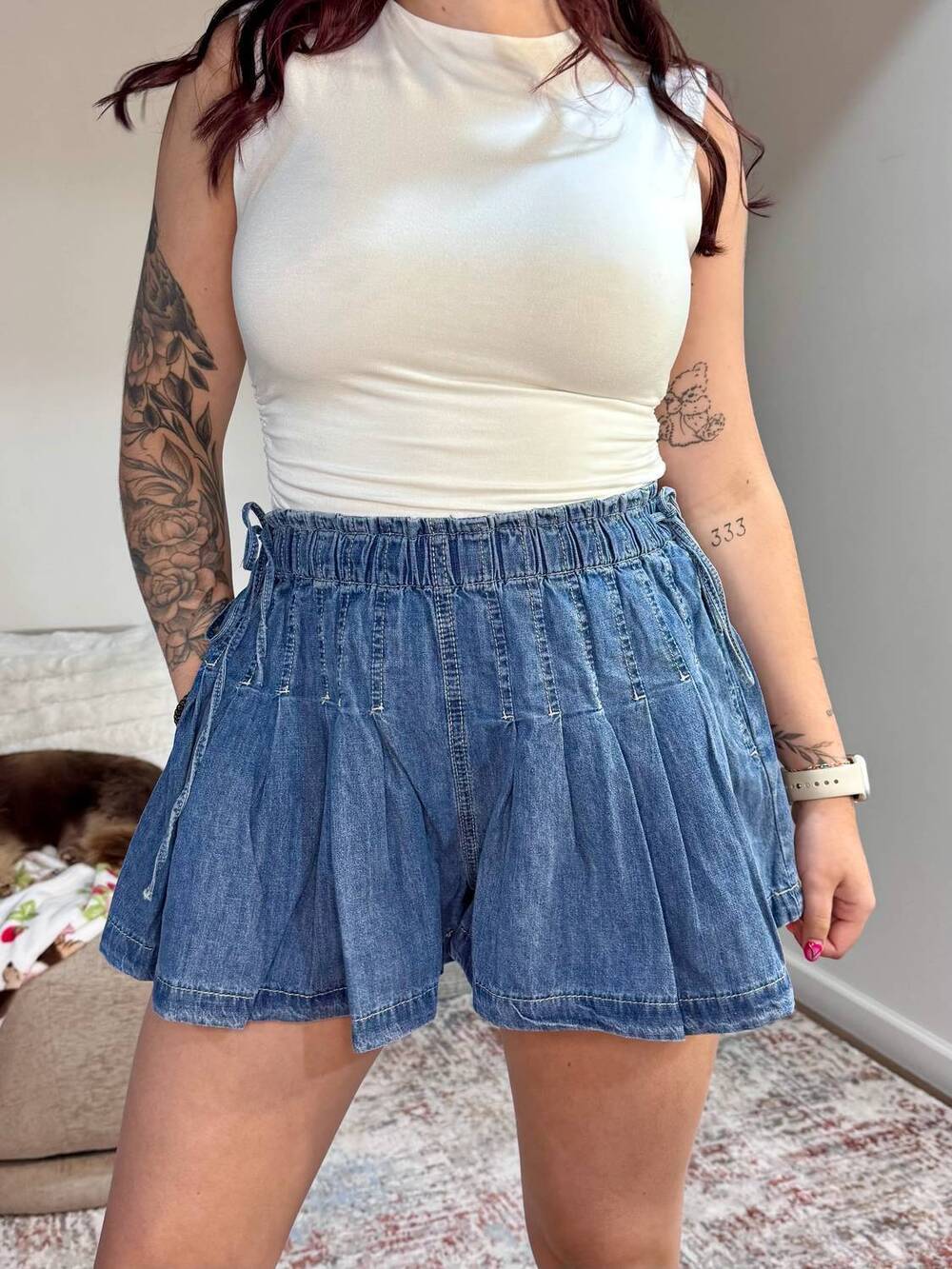 NEW WISHLIST paisley pleated shorts with elastic waist in denim